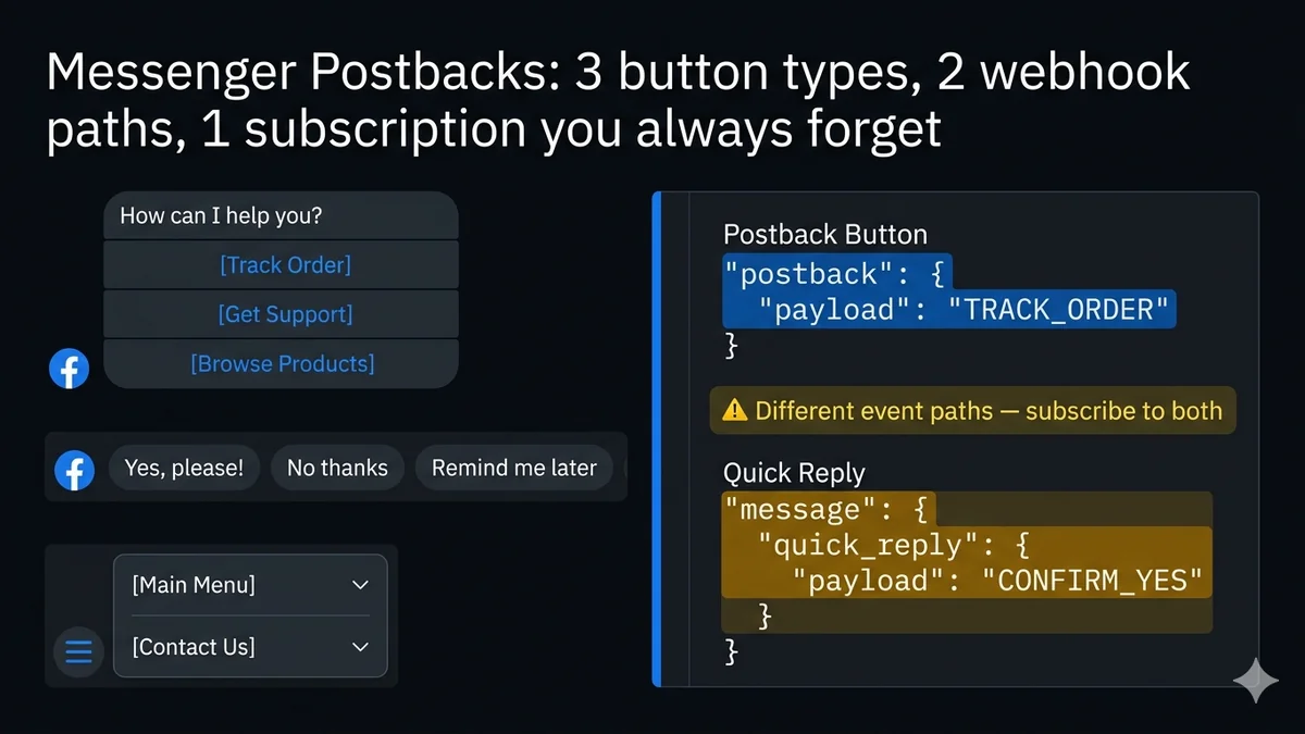 Facebook Messenger postbacks — button tap data flow from Messenger UI to webhook event.postback.payload, routing system diagram