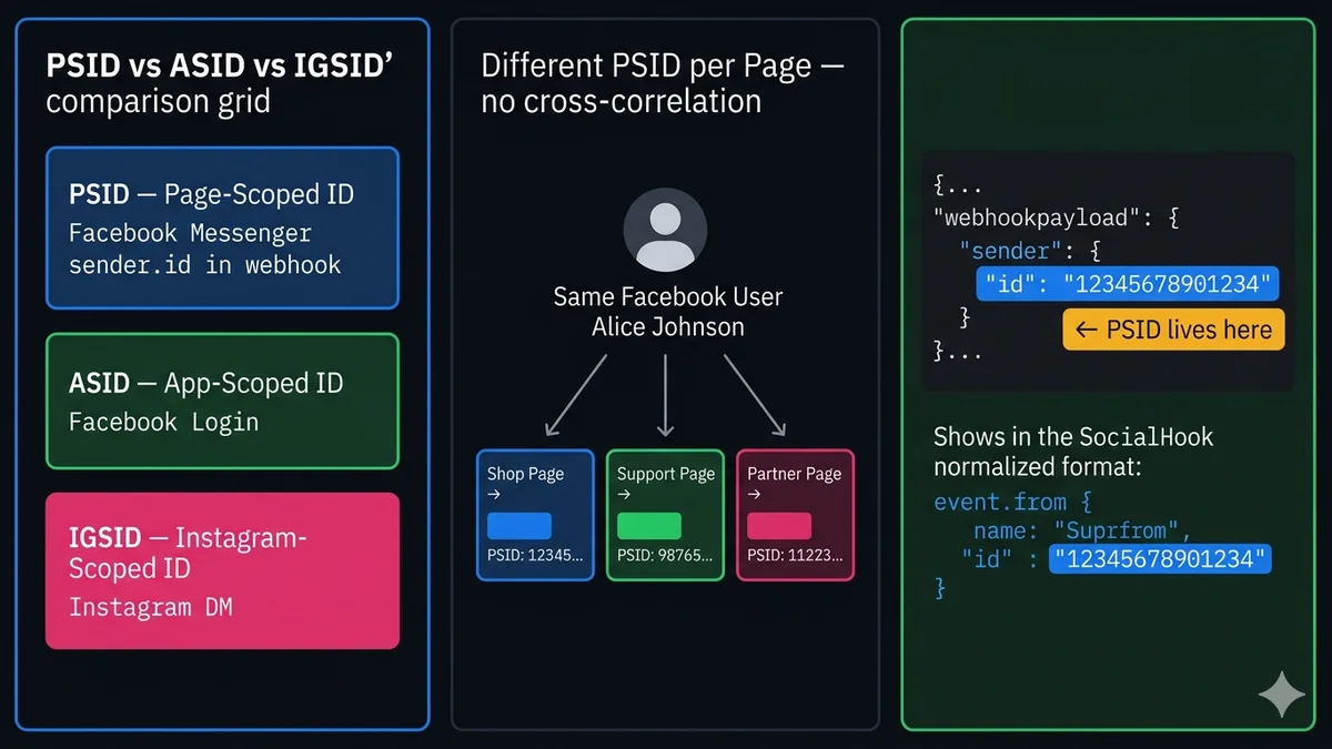 Facebook Page-Scoped ID (PSID) explainer — PSID vs ASID vs IGSID diagram, webhook payload location at sender.id, Graph API lookup, isolation across pages