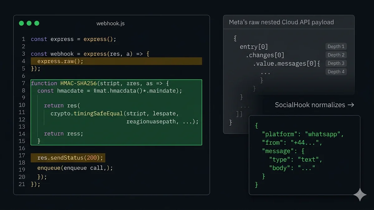 Terminal sombre en écran partagé montrant un gestionnaire de webhook Node.js avec vérification HMAC-SHA256 à gauche et une charge utile JSON WhatsApp entrante à droite
