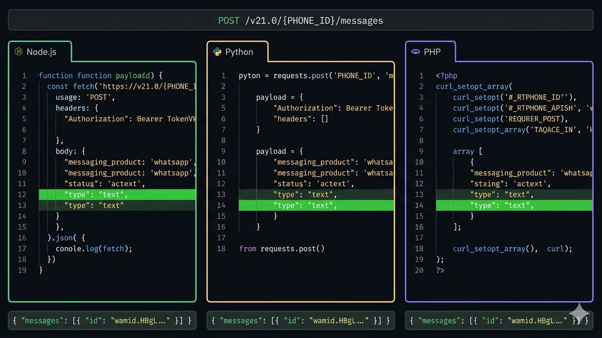 Three code panels side by side showing identical WhatsApp Cloud API send message code in Node.js, Python, and PHP on dark terminal background