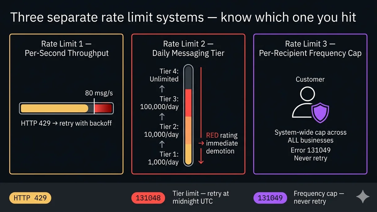 WhatsApp API rate limits diagram — three limit systems: per-second throughput, daily messaging tier, per-recipient frequency cap — with quality rating feedback loop