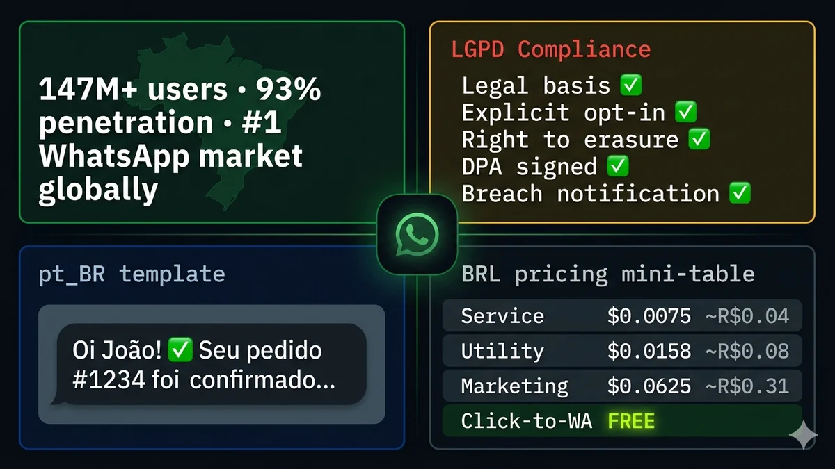 WhatsApp Business API en Brasil — lista de verificación de cumplimiento LGPD, ejemplos de plantillas PT-BR, tabla de precios en BRL, diagrama de alojamiento de webhooks en AWS São Paulo