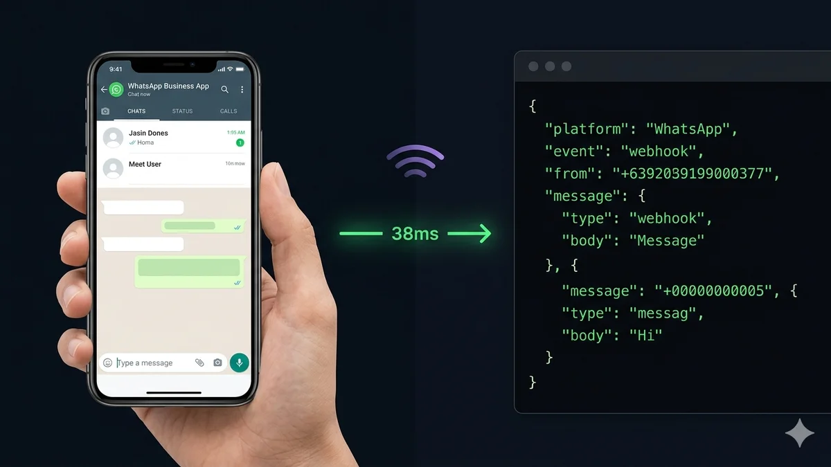 Gegenüberstellung der WhatsApp Business App (mobile Benutzeroberfläche) und der WhatsApp Business API (JSON-Webhook-Payload) auf dunklem Hintergrund