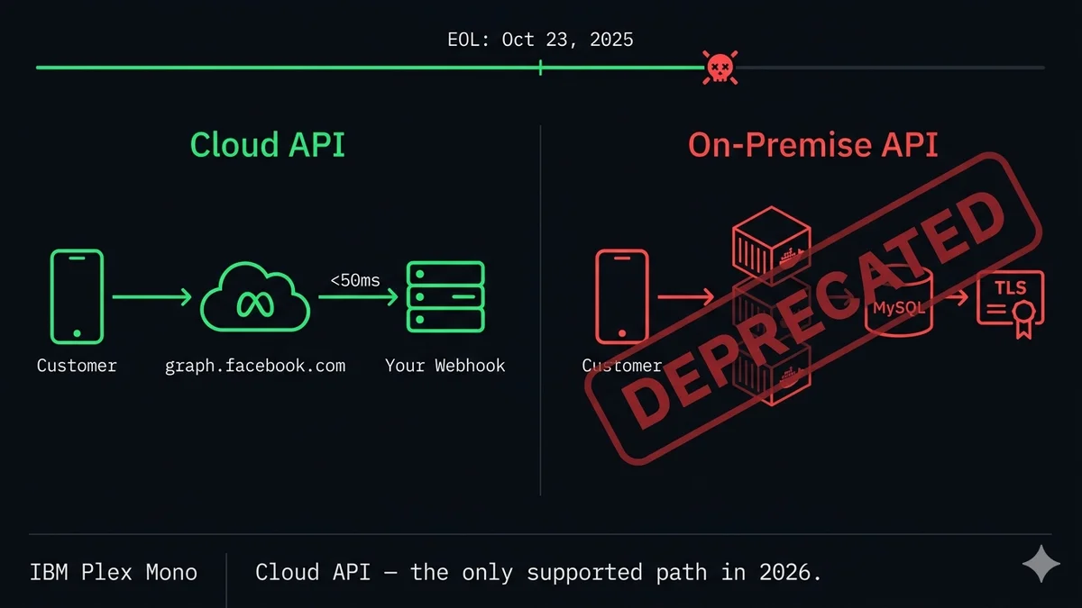 Arquitectura de WhatsApp Cloud API (alojada por Meta, webhook instantáneo) vs. On-Premise API (contenedores Docker deprecados) lado a lado sobre fondo oscuro