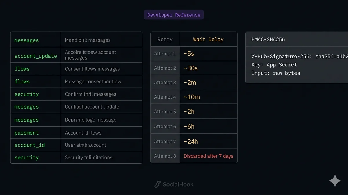 WhatsApp webhook reference documentation — subscription fields table, HMAC header spec, and retry timeline on dark developer terminal background
